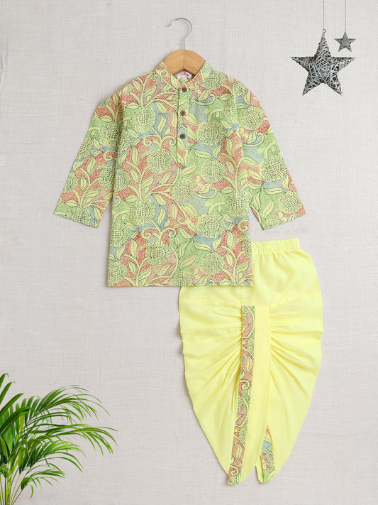 Full Sleeves Floral Print Dhoti Kurta Set- Yellow