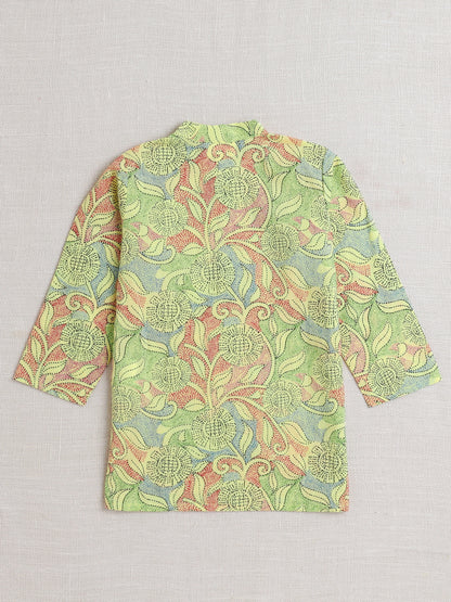 Full Sleeves Floral Print Dhoti Kurta Set- Yellow