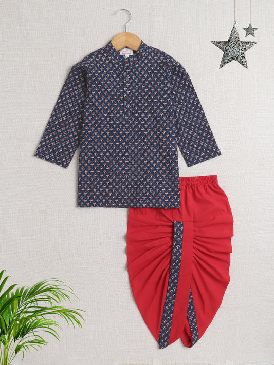 Full Sleeves Floral Print Dhoti Kurta Set- Navy Blue