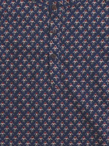 Full Sleeves Floral Print Dhoti Kurta Set- Navy Blue