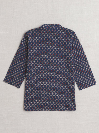 Full Sleeves Floral Print Dhoti Kurta Set- Navy Blue