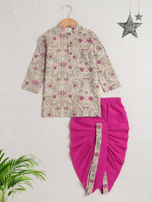 Full Sleeves Floral Print Dhoti Kurta Set- Off White