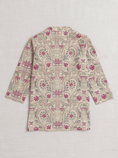 Full Sleeves Floral Print Dhoti Kurta Set- Off White