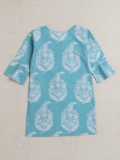 Cotton Half Sleeves Floral Printed & Lace Embellished Kurta Palazzo With Dupatta Set - Mint
