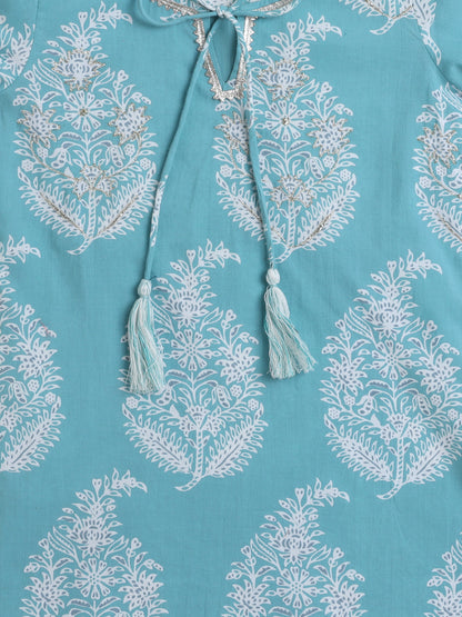 Full Sleeves Floral Print Kurta set- Mint