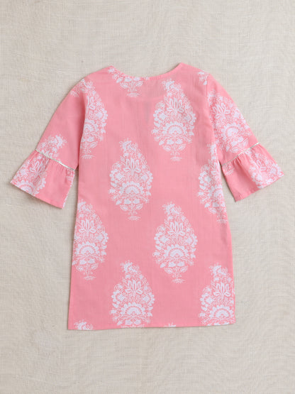 Full Sleeves Floral Print Kurta set- Pink