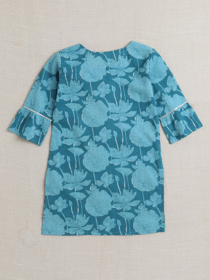 Full Sleeves Floral Print Kurta set- Blue
