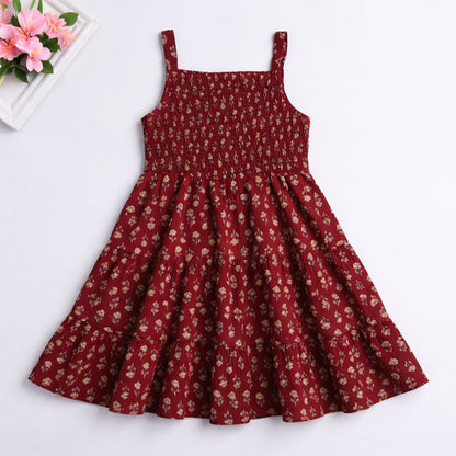 The Magic Wand Cotton Woven Strappy Floral Printed Smocked Fit & Flare Dress - Maroon