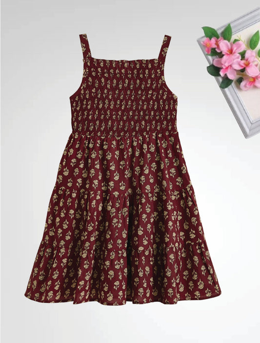 The Magic Wand Cotton Stripes Sleeveless Smocking Dress- Maroon
