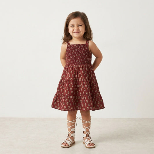 The Magic Wand Cotton Woven Strappy Floral Printed Smocked Fit & Flare Dress - Maroon