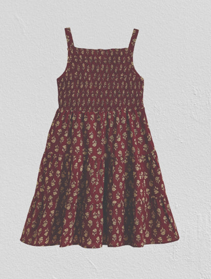 The Magic Wand Cotton Woven Strappy Floral Printed Smocked Fit & Flare Dress - Maroon