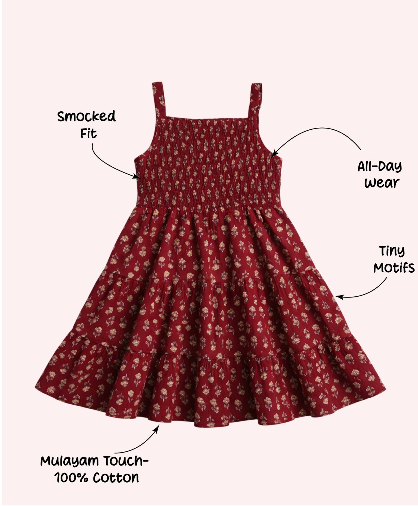The Magic Wand Cotton Woven Strappy Floral Printed Smocked Fit & Flare Dress - Maroon