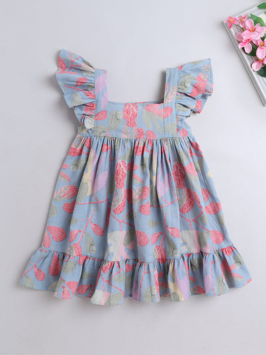The Magic Wand Cotton Frill Sleeve Floral Printed Dress - Blue