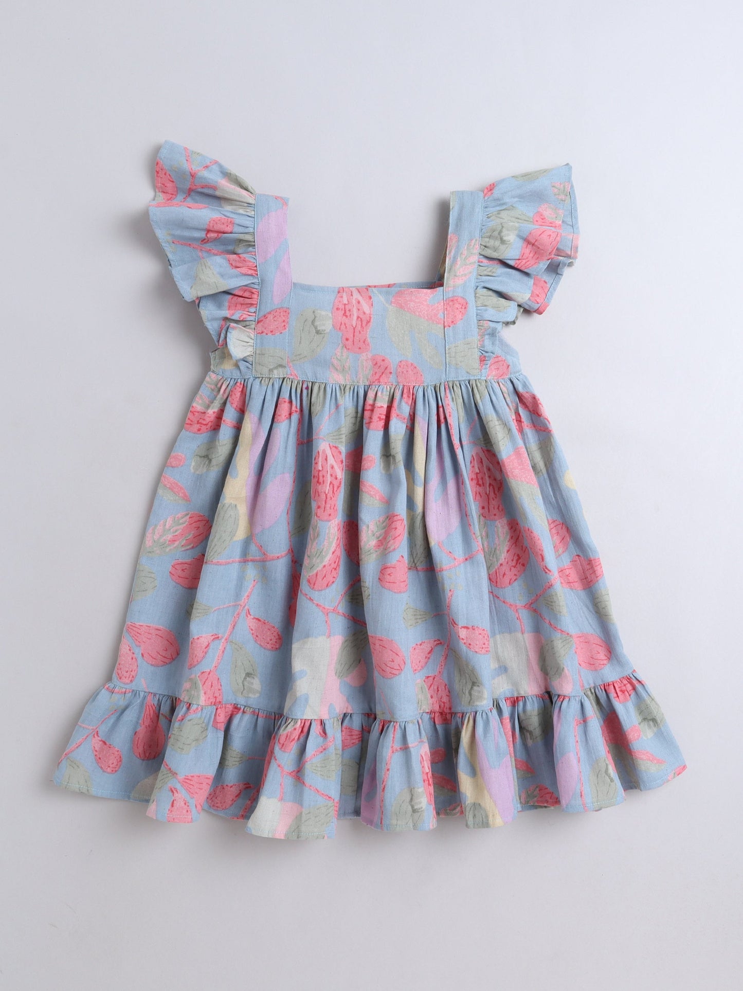 The Magic Wand Cotton Frill Sleeve Floral Printed Dress - Blue