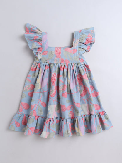 The Magic Wand Cotton Frill Sleeve Floral Printed Dress - Blue