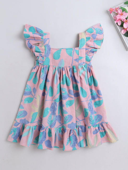 The Magic Wand Cotton Frill Sleeve Floral Printed Dress - Pink