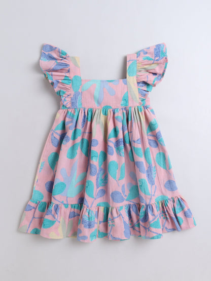 The Magic Wand Cotton Frill Sleeve Floral Printed Dress - Pink