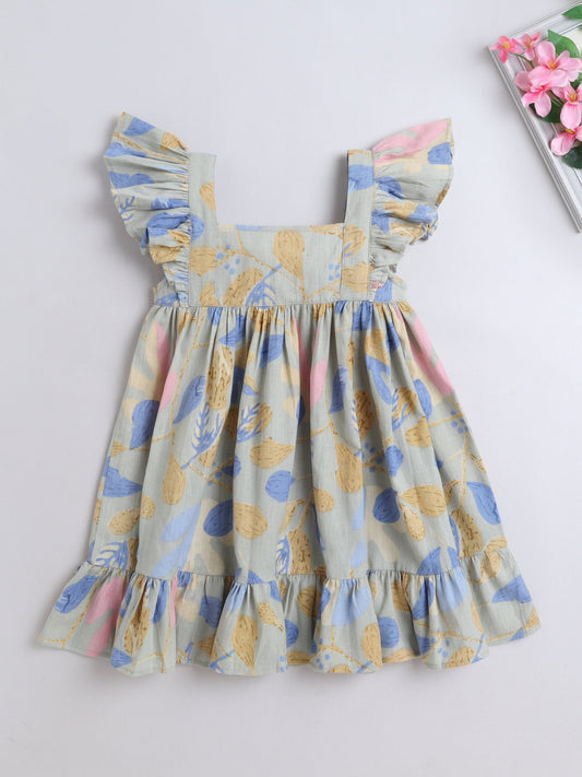 The Magic Wand Cotton Frill Sleeve Floral Printed Dress - Green
