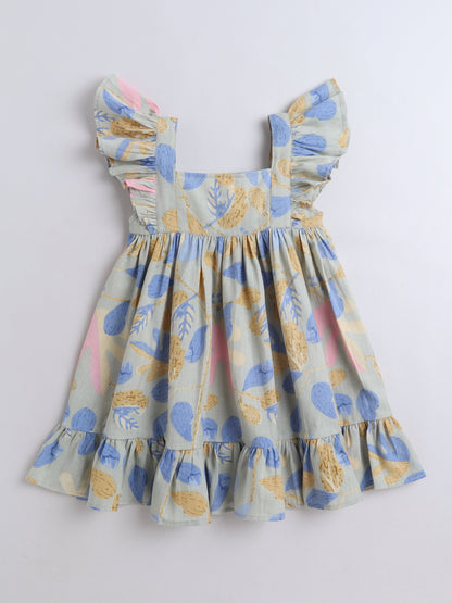The Magic Wand Cotton Frill Sleeve Floral Printed Dress - Green