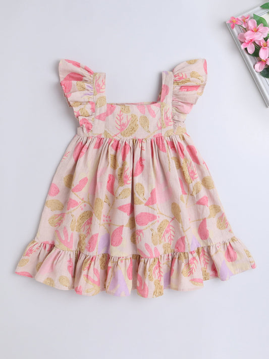 The Magic Wand Cotton Frill Sleeve Floral Printed Dress - Peach