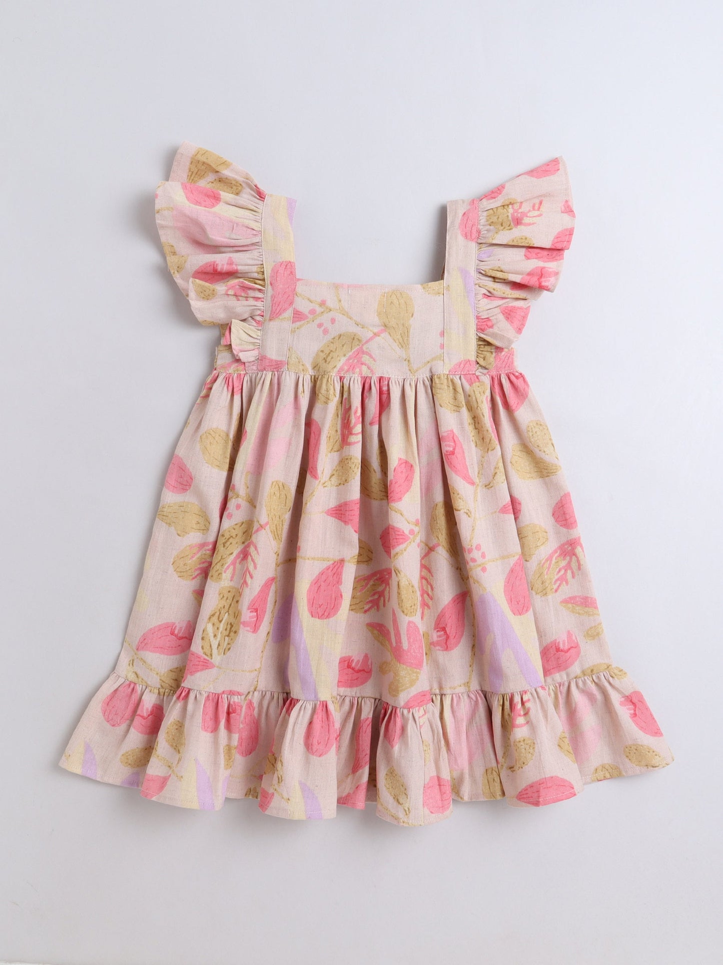 The Magic Wand Cotton Frill Sleeve Floral Printed Dress - Peach