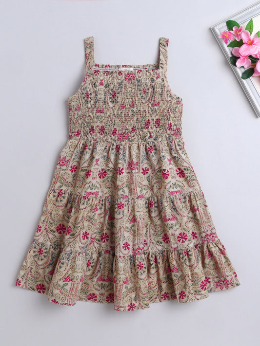 The Magic Wand Strappy All over Printed Smocked Cotton Dress - Beige