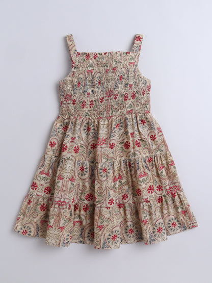 The Magic Wand Strappy All over Printed Smocked Cotton Dress - Beige