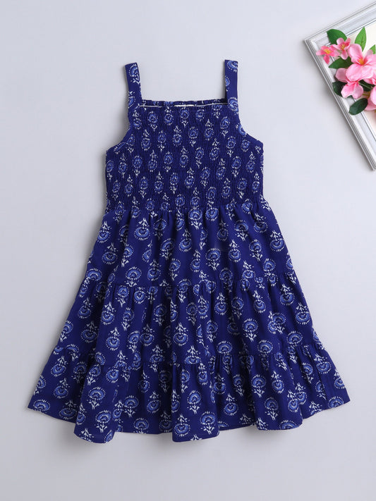 The Magic Wand Strappy Butti Printed Smocked Cotton Dress - Blue