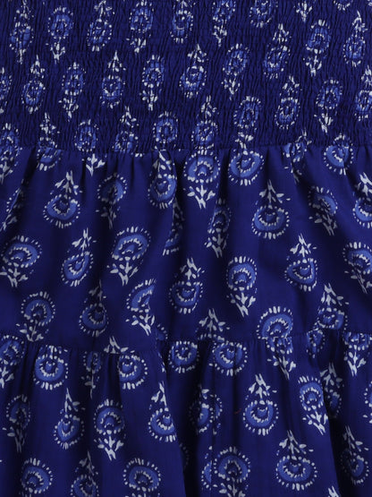 The Magic Wand Strappy Butti Printed Smocked Cotton Dress - Blue