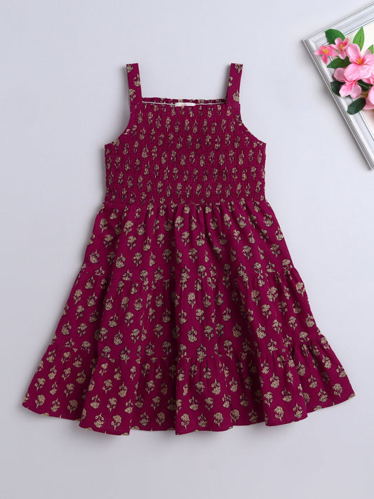 The Magic Wand Strappy Butti Printed Smocked Cotton Dress Wine
