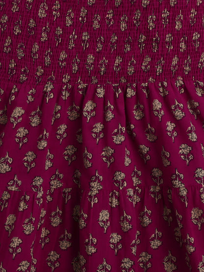The Magic Wand Strappy Butti Printed Smocked Cotton Dress Wine