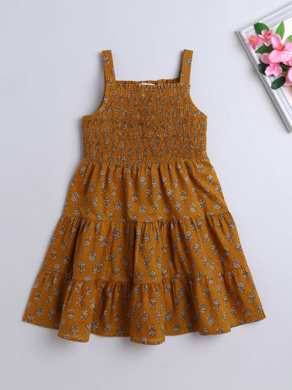 The Magic Wand Strappy Butti Printed Smocked Cotton Dress Mustard