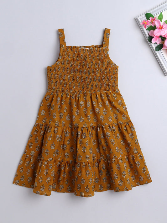 The Magic Wand Strappy Butti Printed Smocked Cotton Dress Mustard
