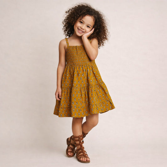 The Magic Wand Cotton Woven Strappy Floral Printed Smocked Fit & Flare Dress - Mustard