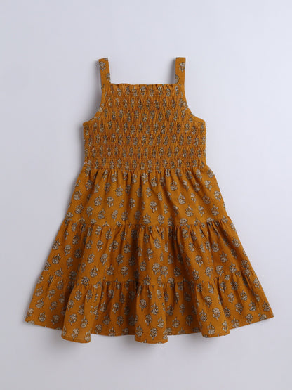 The Magic Wand Strappy Butti Printed Smocked Cotton Dress Mustard