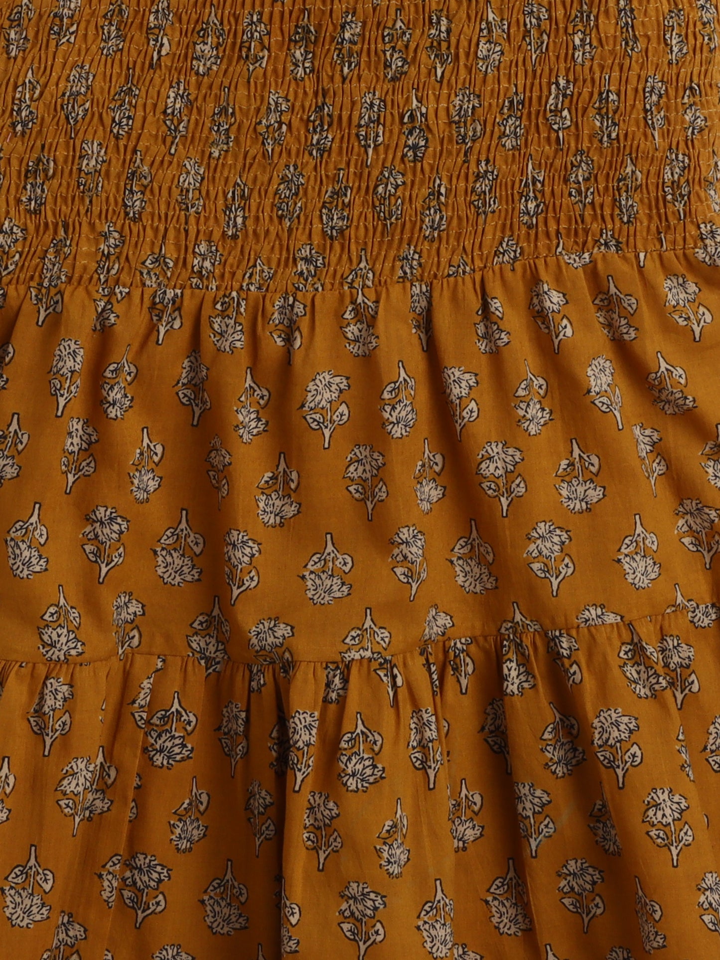 The Magic Wand Cotton Woven Strappy Floral Printed Smocked Fit & Flare Dress - Mustard