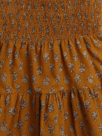 The Magic Wand Cotton Woven Strappy Floral Printed Smocked Fit & Flare Dress - Mustard