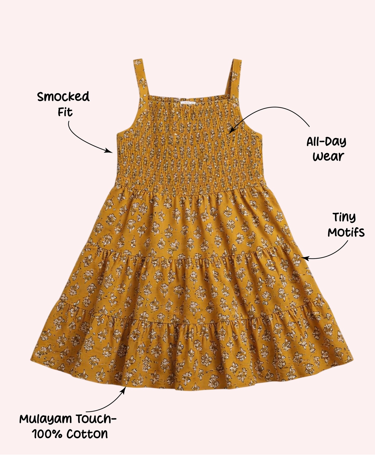 The Magic Wand Cotton Woven Strappy Floral Printed Smocked Fit & Flare Dress - Mustard