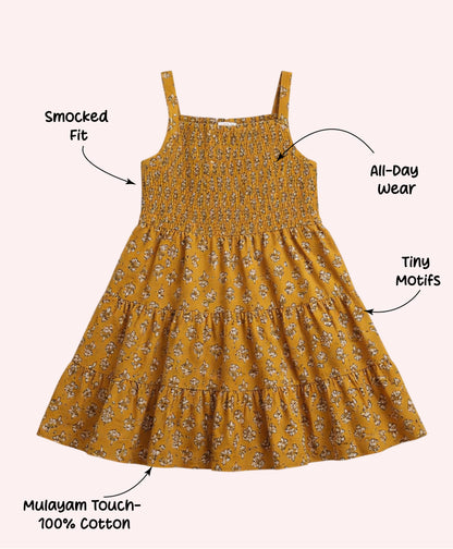 The Magic Wand Cotton Woven Strappy Floral Printed Smocked Fit & Flare Dress - Mustard