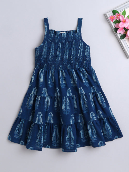 The Magic Wand Strappy Big Butta Printed Smocked Cotton Dress - Indigo Blue