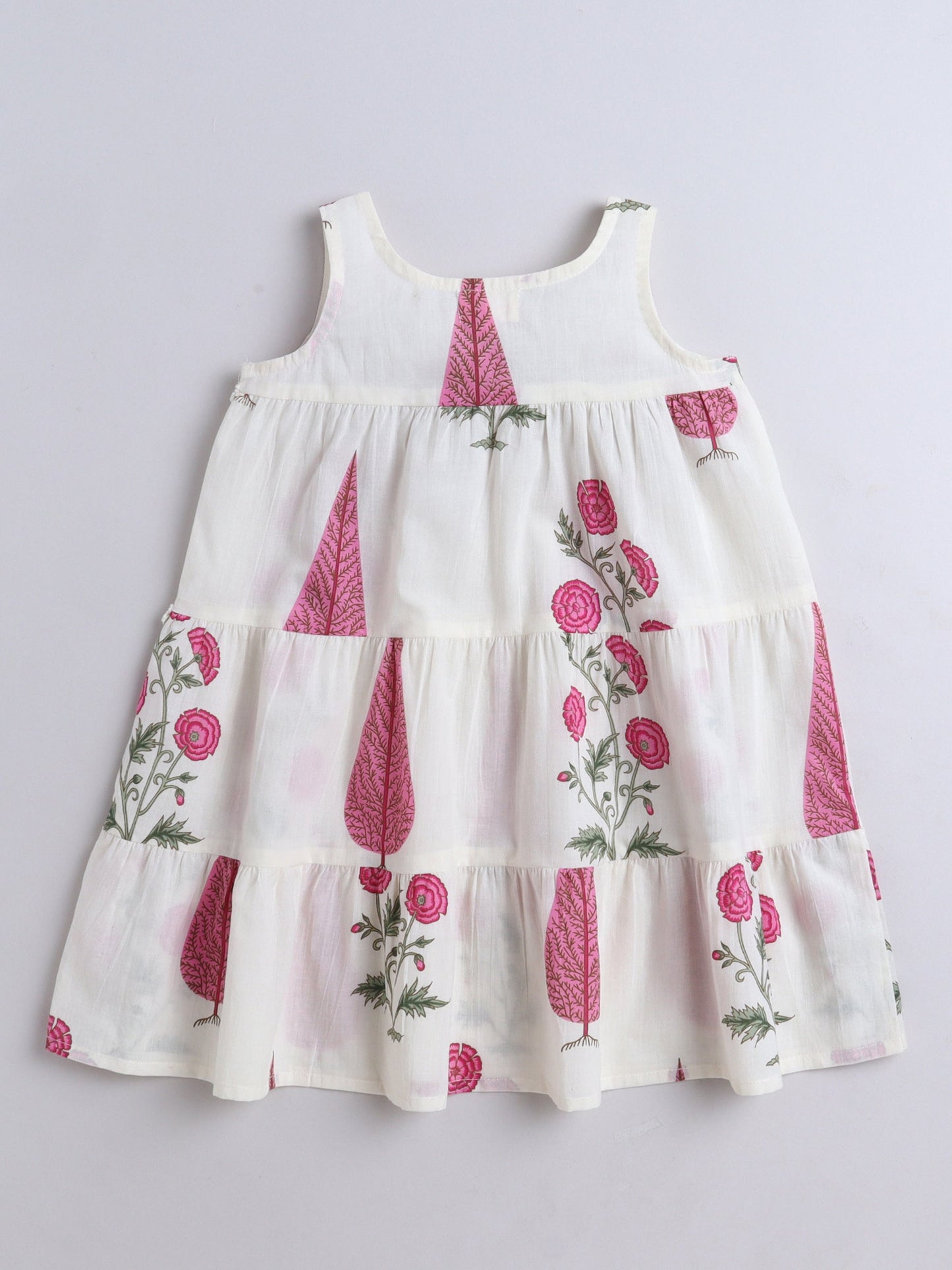 The Magic Wand Cotton Floral Printed Sleeveless Tiered Dress - Pink