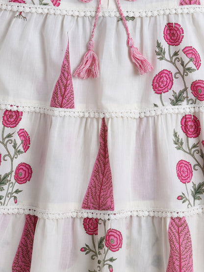 The Magic Wand Cotton Floral Printed Sleeveless Tiered Dress - Pink