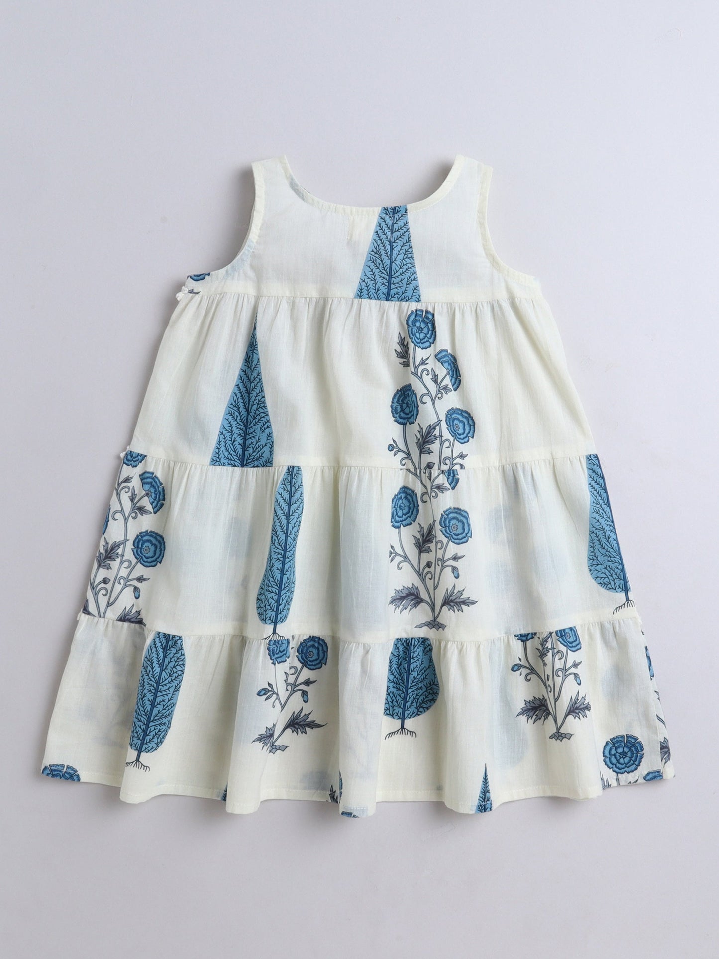 The Magic Wand Cotton Floral Printed Sleeveless Tiered Dress - Blue