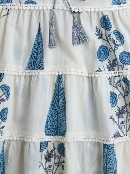 The Magic Wand Cotton Floral Printed Sleeveless Tiered Dress - Blue
