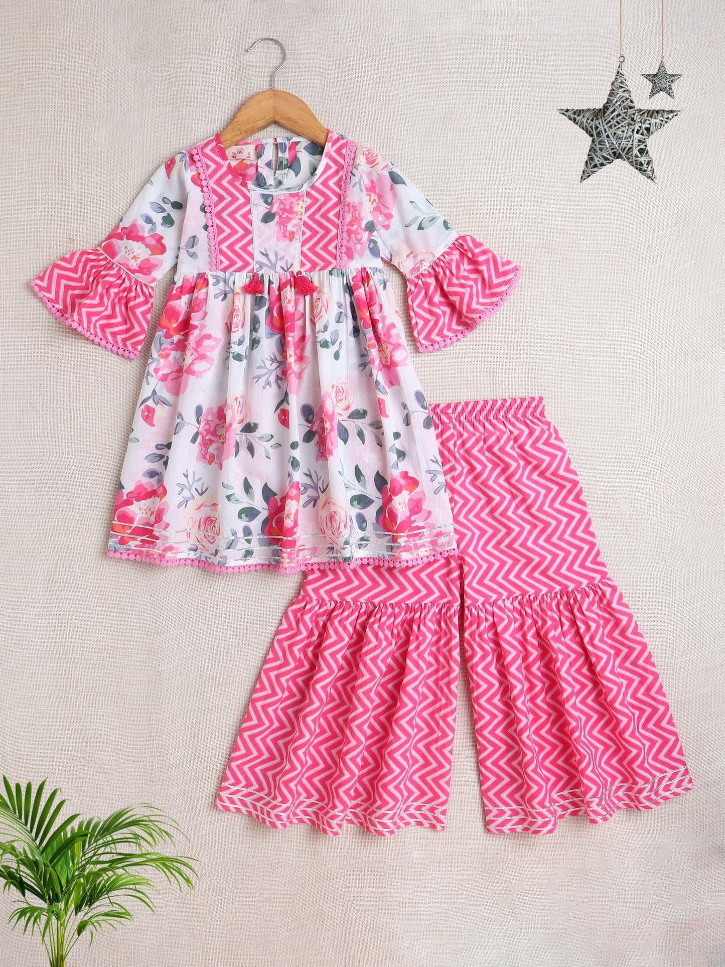 Floral Printed 3/4th Frill Sleeves Kurta & Sharara Set - Pink