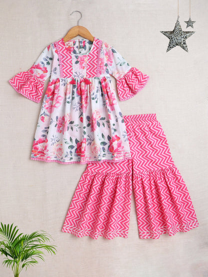 Floral Printed 3/4th Frill Sleeves Kurta & Sharara Set - Pink