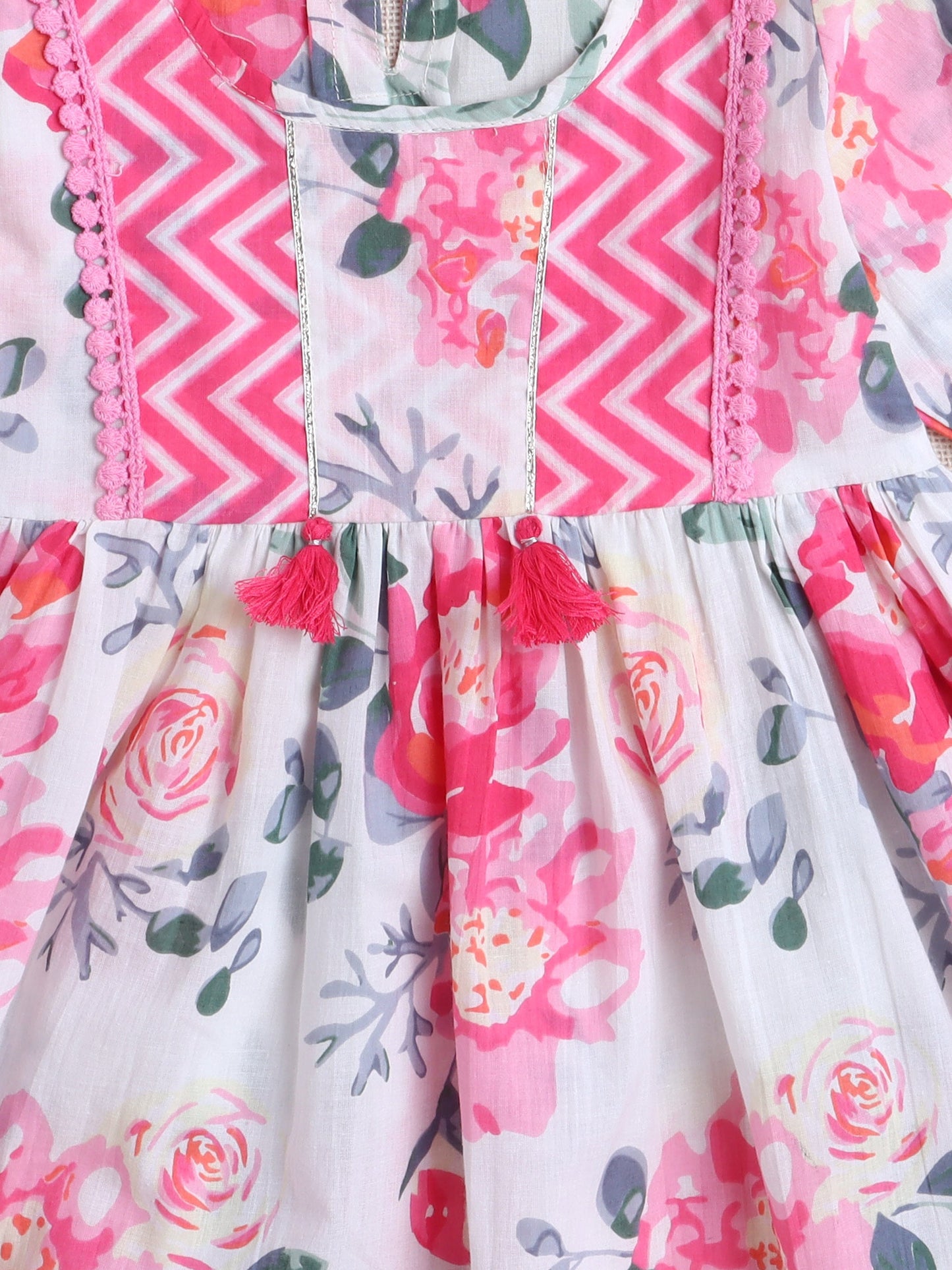 Floral Printed 3/4th Frill Sleeves Kurta & Sharara Set - Pink