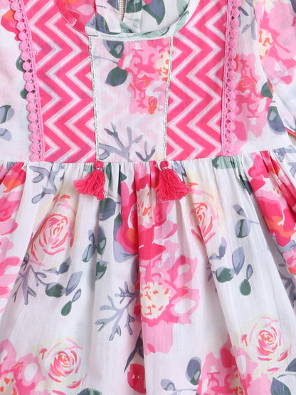 Floral Printed 3/4th Frill Sleeves Kurta & Sharara Set - Pink