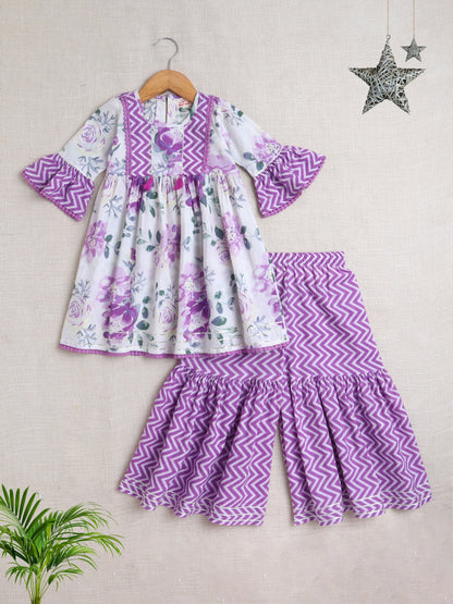 Floral Printed 3/4th Frill Sleeves Kurta & Sharara Set - Purple