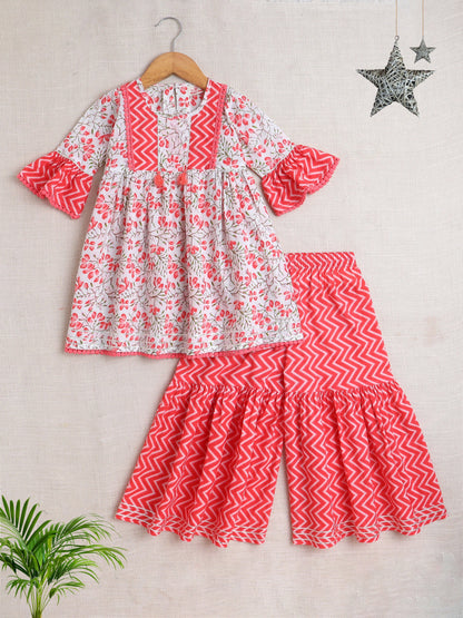 Floral Printed 3/4th Frill Sleeves Kurta & Sharara Set - Peach